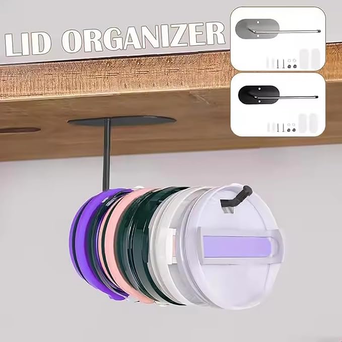 2 Pack Tumbler Lid Organizer,Space Saving Cup Lid Organizer for Yeti Tumbler/Stanley Tumbler/Simple Modern Tumbler Lids,Self-Adhesive Lid Hook for Kitchen Organizers and Storage(Black/Silver)