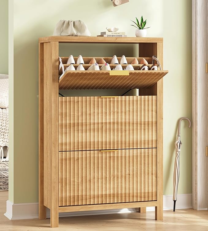 YOMILUVE Shoe Cabinet Storage for Entryway, Fluted Shoe Cabinet with 3 Flip Drawers, Hidden Shoe Rack Tall Freestanding Shoe Organizer with Legs for Hallway, Oak