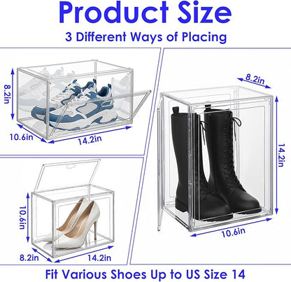 3-Pack Clear Stackable Shoe Display Cases – Large Plastic Storage Bins with Magnetic Door for Size 14 Sneakers, Organizer for Handbags, Collectibles & Closet