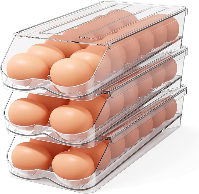 Egg Holder for Fridge,Automatic Rolling Egg Container for Refrigerator,Clear Stackable Egg Organizer with Removable Lid for Fridge Organizers and Storage,3 pack