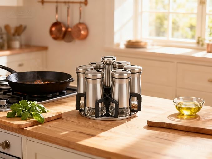 360° Rotating Spice Rack，Spice Rack Organizer for Cabinet - Includes 6pcs Glass Spice Jars and Labels,Spice Storage, Cooking, Outdoor BBQ,(Spices Not Included) (Modern)