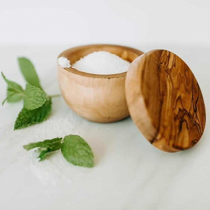 Tramanto Olive Wood Salt Pot - Rustic Wooden Cellar and Pinch for Salts with Lid - 3.5 Inch Wide