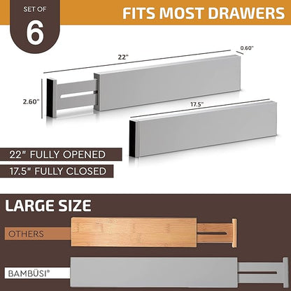 6-Pack Drawer Dividers - 2.6 Inches High, Adjustable 16 to 22 Inches Bamboo Drawer Organizer, Large Expandable Separator for Clothes, Dresser, Bedroom, Bathroom, Baby, Office, Kitchen Utensils, Gray