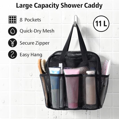 F-color Mesh Shower Caddy Portable with Zipper - Upgrade Deeper 7 Pockets Dorm Room Essentials for Guys Girls with S Hook, Shower Bag Basket Tote for College Camping Toiletry Bathroom, Black