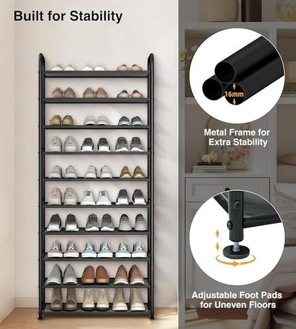 STO STO 10-Tier Shoe Rack with Sturdy Mesh Shelves, Tall Metal Shoe Organizer for Entryway, Closet, Garage, Front Door, Holds 30 Pairs, Free Standing Large Shoe Storage Shelf, Adjustable Feet, Black