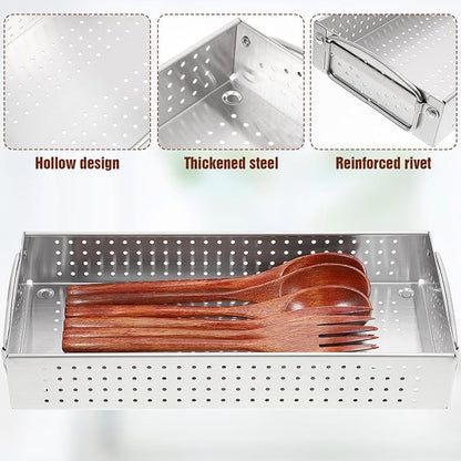 Hemoton Stainless Steel Utensil Holder Large Capacity Chopsticks Storage Case Kitchen Cutlery Organizer Drainage Box for Countertop 11.93X5.39X1.97 Inches