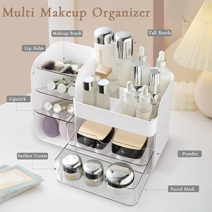 Makeup Organizer Countertop with Drawers, Cosmetic Organizer with Travel Makeup Brush Holder, Skincare Organizer & Storage with Drawers for Bathroom, Beauty Essentials, Eyeshadow (white)