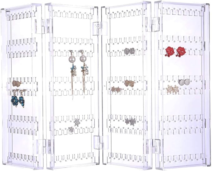 Sooyee 4 Doors Foldable Necklace Hanging Jewelry Organizer Double Sided Stand Display & 5 Drawers,Dustproof Jewelry Rack Display, Clear