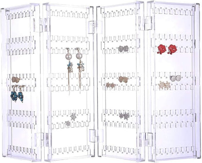 Sooyee 4 Doors Foldable Necklace Hanging Jewelry Organizer Double Sided Stand Display & 5 Drawers,Dustproof Jewelry Rack Display, Clear