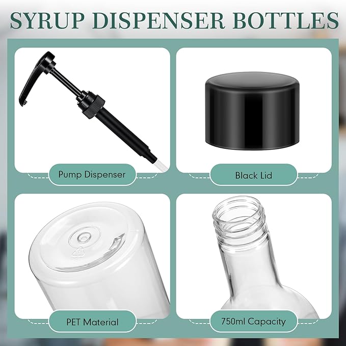 Maxdot 12 Pcs 25 oz Syrup Bottles with Pump Long Neck Bottles Plastic Syrup Pump Dispenser for Coffee Bar Accessories Home Party (Black)