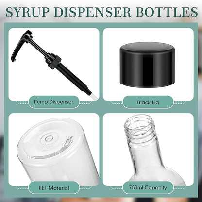 Maxdot 6 Pcs 25 oz Syrup Bottles with Pump Long Neck Bottles Plastic Syrup Pump Dispenser for Coffee Bar Accessories Home Party (Black)