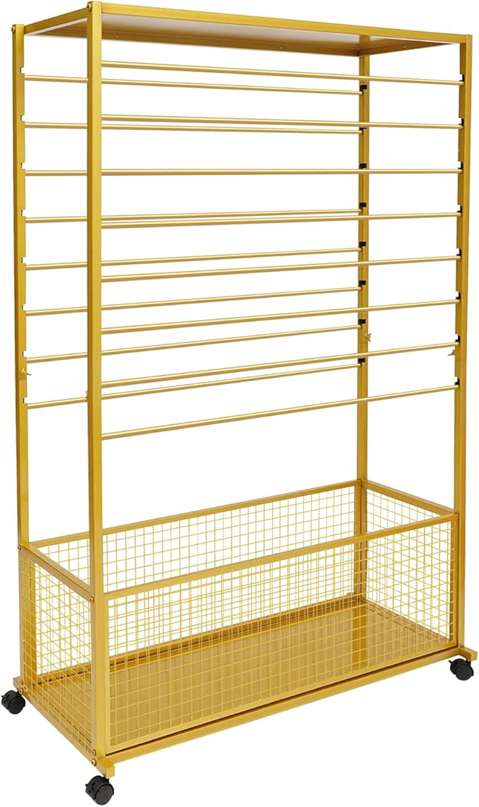 16-Tier Double-Sided Ribbon Holder Organizer Rack with Storage Basket & Wheels, Multifunctional Flower Wrapping Paper Display Stand for Craft Rooms, Flower Shops (Gold, 39.37''W x 12.6''D x 59.06''H)