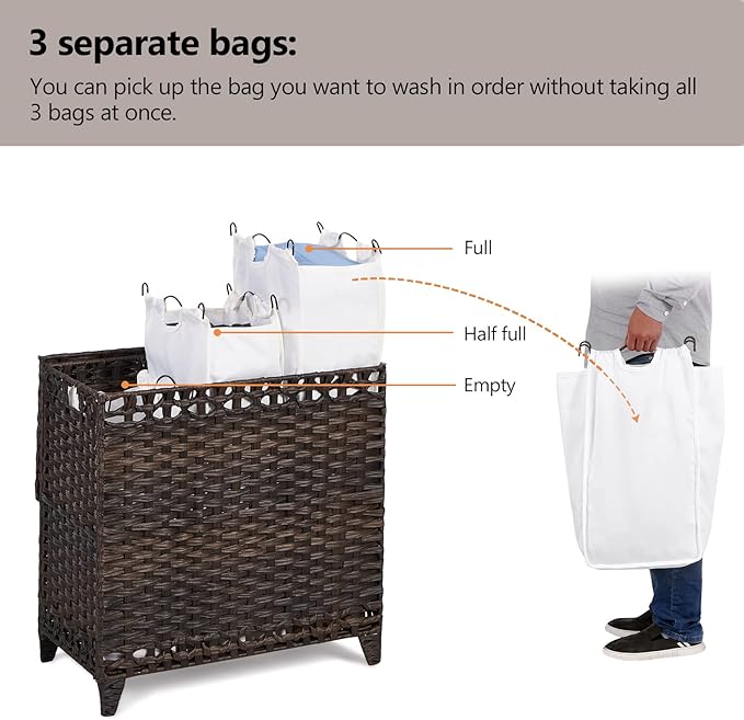Laundry Hamper with 3 Removable Liner Bags; 132L Handwoven Rattan Laundry Basket with Lid & Heightened Feet; Clothes Hamper with Side Handles; Laundry Sorter with 3 Separate Sections