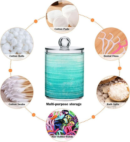 Grunge Turquoise Teal Wood Qtip Dispenser Apothecary Jars Farmhouse Green Bathroom Qtip Holder Storage Canister Plastic Jar 10 Oz for Cotton Ball Swab Round Pads Floss 4pcs
