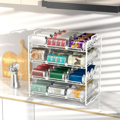 4 Tiers Stackable Can Rack Organizer, Wear-resistant Upgrade Beverage Food Can Dispenser Holder Holds up to 48 Cans for Kitchen Cabinet and Pantry (White)