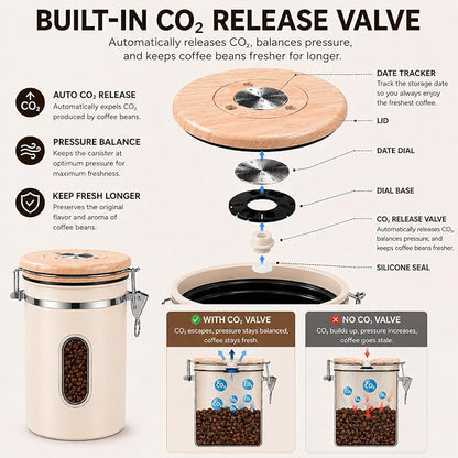 22oz Coffee Canister Airtight Stainless Steel Coffee Bean Storage Container with Date Tracker & Window, One-Way CO2 Valve, Metal Scoop, Kitchen Food Storage Jar for Coffee Beans Tea Sugar Rice