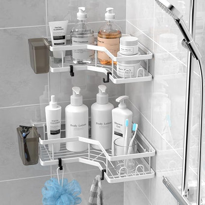AKTECKE Shower Caddy Corner Organizer Shelf: 2Pack Adhesive Shower Essentials Accessories - No-Drilling Stainless Steel Bathroom Storage Rack with Hooks and Toothpaste Holder