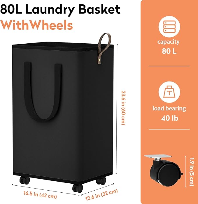 SpaceTrove Laundry Basket with Wheels, Collapsible Laundry Baskets, Laundry Hamper with Handles Detachable Wheels, Rolling Laundry Basket, Dirty Clothes Hamper for Bathroom, Dorm, Bedroom, Black, 80L