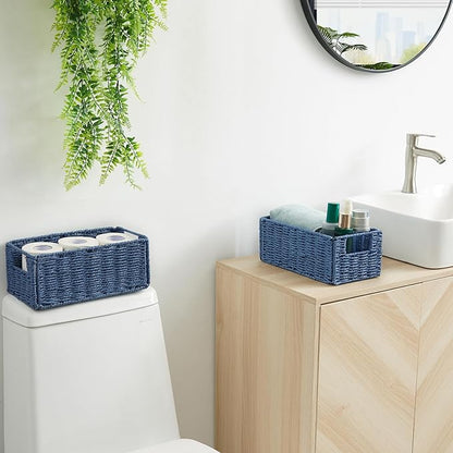 Vagusicc Wicker Storage Basket, Set of 2 Hand-Woven Paper Rope Wicker Basket, Small Storage Baskets for Organizing Toilet Paper, Foldable Large Cube Storage Organizer Bins for Shelves (Blue)