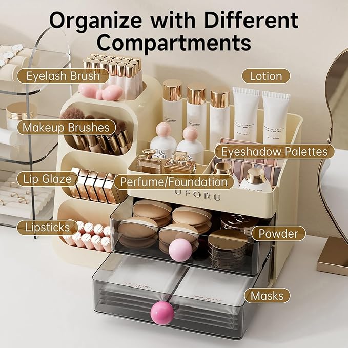 Makeup Organizer for Vanity with Brush Holder, Large Capacity Bathroom Countertop Skincare Organizer with 2 Drawers, Cosmetic Display Case for Perfumes, Eyeshadow Palettes, Nail Polishes