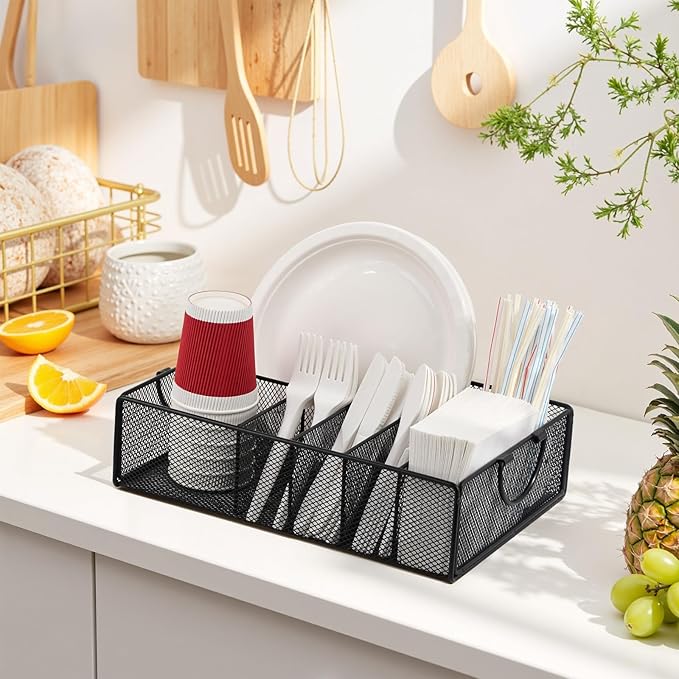 Utensil Caddy with Handle, Metal Paper Plate Holder for Kitchen Counter,Silverware Cutlery Caddy Organizer Flatware Storage for Plastic Spoon Fork Plates Napkins Cup Party Camping Black