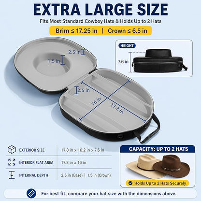 Hat Can for Cowboy Travel Extra Large, Waterproof Hard Case Box Storage for Fedora Panama Tweed Cap Holder Organizer Carrier with Adjustable Carry Strap, Men's Western Gifts, Large Grey Interior