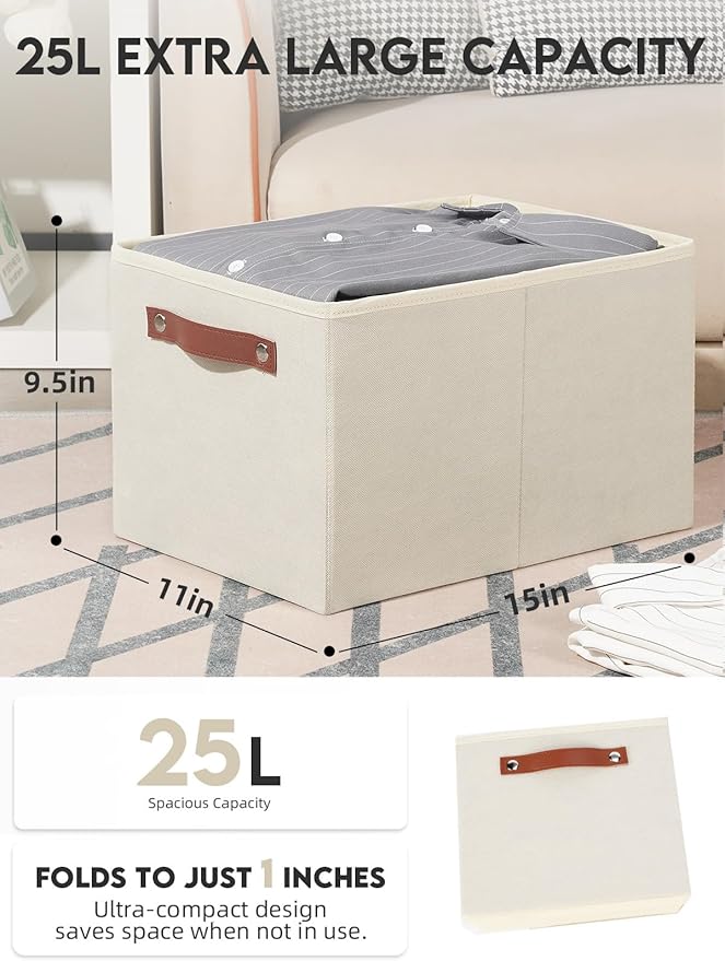 [6-Pack] Fabric Storage Bins Reinforced 2.5mm Cardboard Shelf Bins with PU Leather Handles (15x11x9.5 ) Durable Storage Baskets for Closet Organization, Toy Organizer, & Home Office Beige