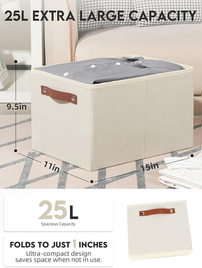 [6-Pack] Fabric Storage Bins Reinforced 2.5mm Cardboard Shelf Bins with PU Leather Handles (15x11x9.5 ) Durable Storage Baskets for Closet Organization, Toy Organizer, & Home Office Beige