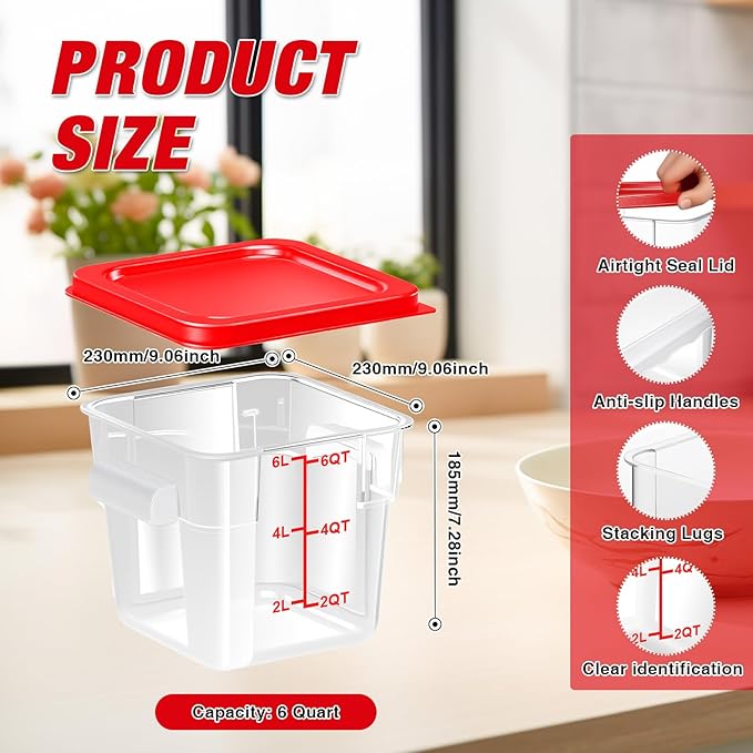 2 Pack Square Food Storage Container With Lid,2-12 Quart Commercial Storage Box With Scale & Handle,Cake Making,Dough Marinating Meat,Kitchen Supplies (6 Quart)