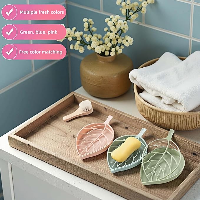 Leaf-Shaped Soap Dish Set, 2-Tier Soap Holder Drain Rack, Leaf Design - No Drill Wall Mount, Detachable Bathroom Organizer for Shower Sink (Pastel Green/Blue/Pink)