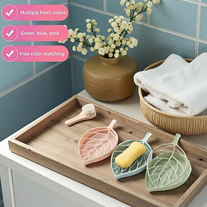 Leaf-Shaped Soap Dish Set, 2-Tier Soap Holder Drain Rack, Leaf Design - No Drill Wall Mount, Detachable Bathroom Organizer for Shower Sink (Pastel Green/Blue/Pink)