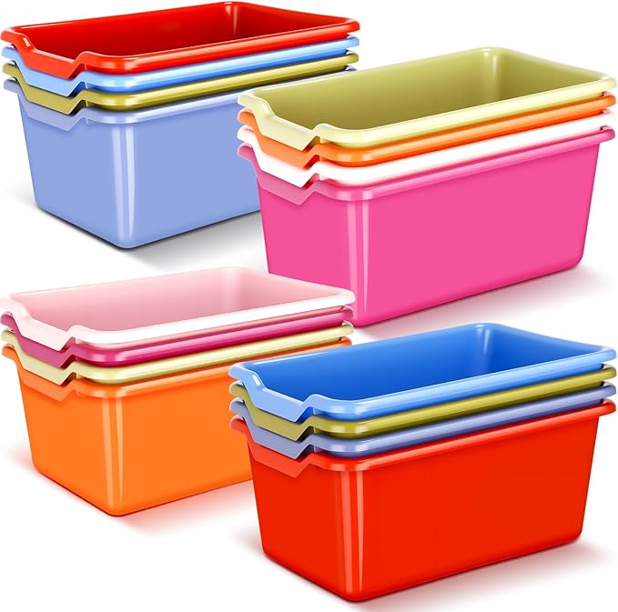 Dandat 16 Pcs Plastic Book Bins for Classroom Library Cubby Bins Scoop Front Stackable Toy Storage Tubs Containers for School Office Home Nursery Playroom Organization (Vintage Color)