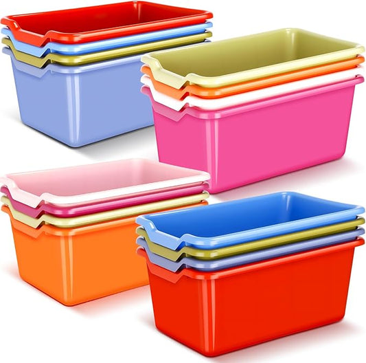 Dandat 16 Pcs Plastic Book Bins for Classroom Library Cubby Bins Scoop Front Stackable Toy Storage Tubs Containers for School Office Home Nursery Playroom Organization (Vintage Color)