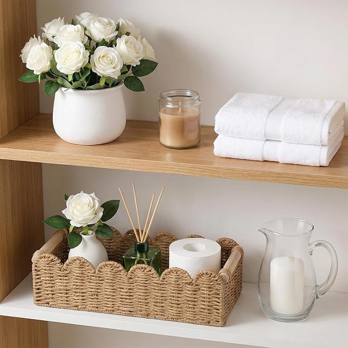 2pcs Scalloped Decor Basket,Toilet Paper Storage Basket with Handles,Toilet Basket for Organizing Over Toilet Storage Shelf Countertop Living Room Bedroom Home Decor（14"×6.3"×4"）