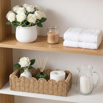 2pcs Scalloped Decor Basket,Toilet Paper Storage Basket with Handles,Toilet Basket for Organizing Over Toilet Storage Shelf Countertop Living Room Bedroom Home Decor（14"×6.3"×4"）