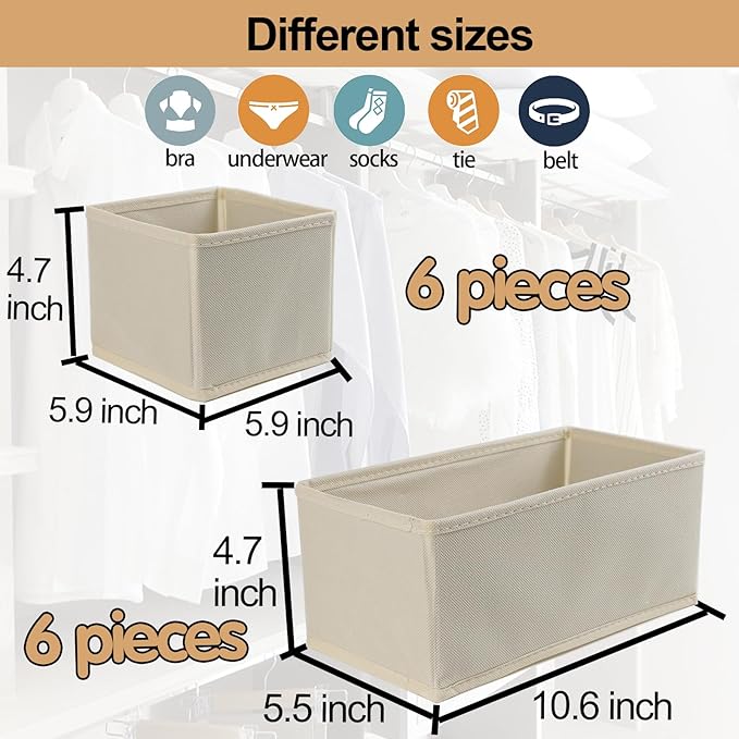 Fordonral Drawer Organizer Clothes, Foldable Fabric Dresser Organizer Closet Organizers and Storage Box for Underwear,Folded Clothes,Baby Clothing,Socks,Bra,Towels,Ties(6M+6S,Beige)