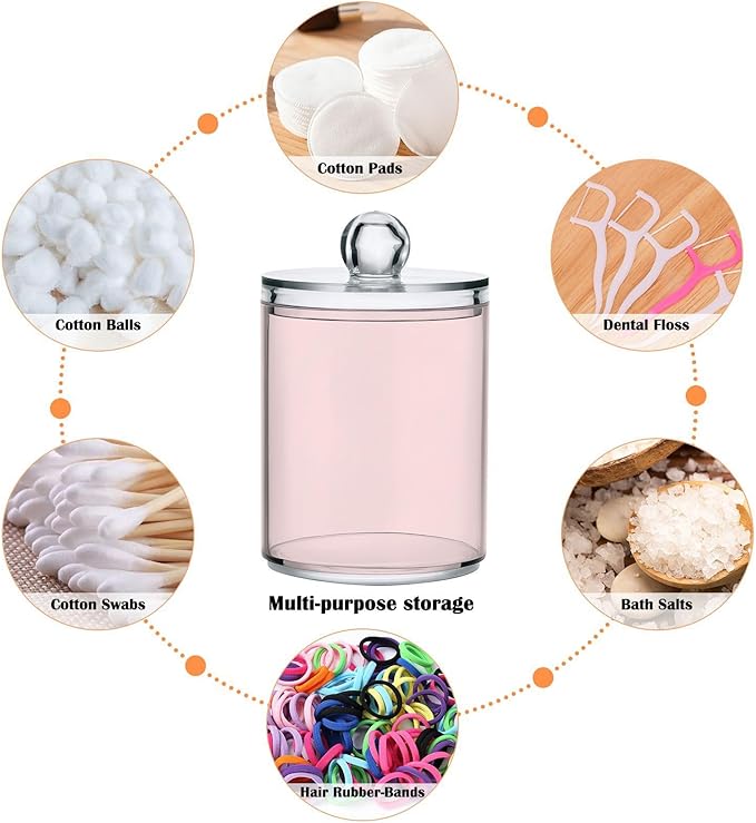 Misty Rose Pink Qtip Dispenser Apothecary Jars Bathroom Qtip Holder Storage Canister 10 Oz Plastic Jar for Cotton Ball Swab Round Pads Floss 2pcs