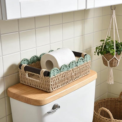 Wicker Basket with Built-in Handles, Small Scalloped Basket for Organizing, Set of 2 Decorative Baskets for Home and Toilet Paper Storage（Beige+Green）