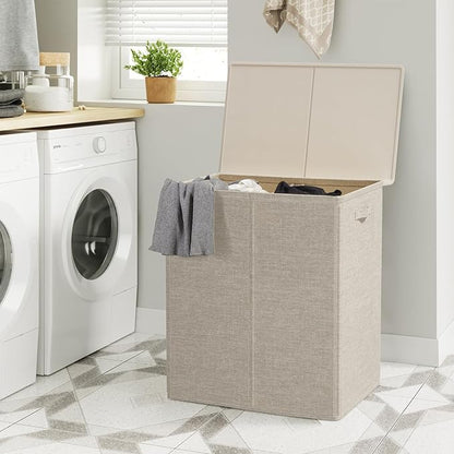 WOWLIVE 154L Double Laundry Hamper with Lid and Removable Laundry Bags, Large Dirty Clothes Hamper 2 section Collapsible Laundry Basket Dorm Room Storage for Bedroom, Bathroom, College,Wheat