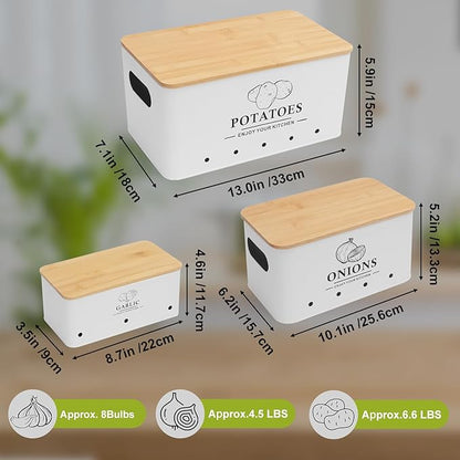 Kitchen Vegetable Storage Set of 3, Metal Onion Garlic Potato Storage Set, Kitchen Canisters Vegetable Keeper Containers with Aerating Holes and Wooden Lid (White)