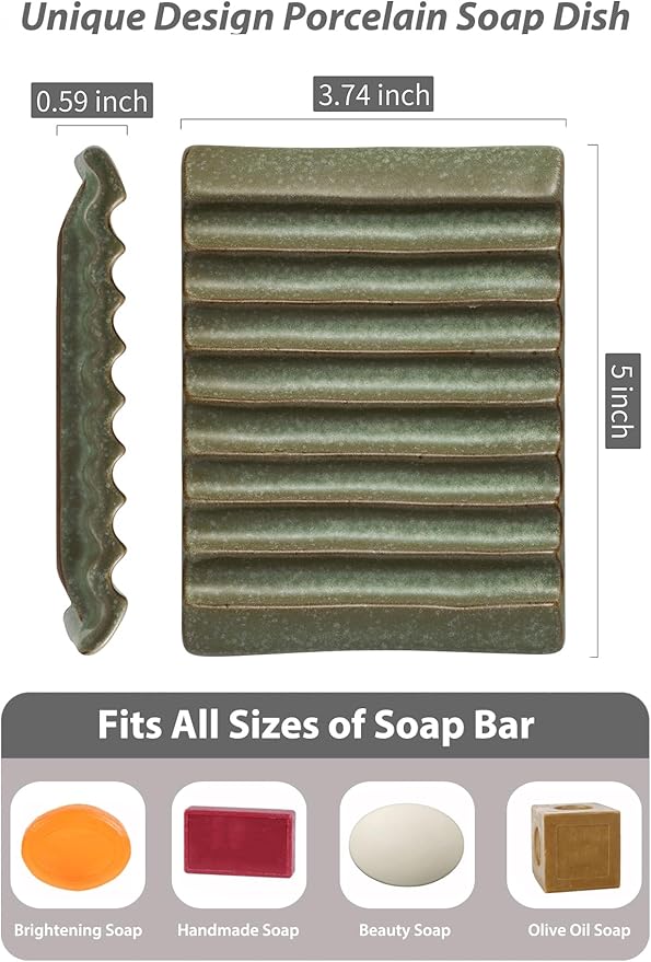 Zoeeker Soap Dish, Ceramic Soap Holder Bar Soap Saver Non-Slip Bathroom Accessories for Sponges, Scrubber, Razor, Green