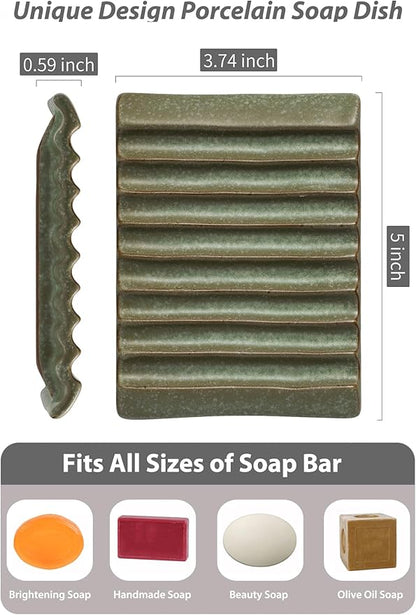 Zoeeker Soap Dish, Ceramic Soap Holder Bar Soap Saver Non-Slip Bathroom Accessories for Sponges, Scrubber, Razor, Green