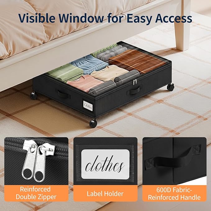 Yecaye 80L Under Bed Storage with Wheels, 2 Pack Under Bed Storage Containers with Lids for Clothes, Shoes and Blankets, Metal Rolling Underbed Storage Drawers for Bedrooms and Dorms, Black