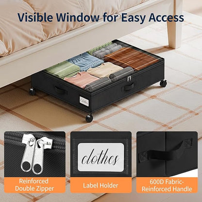 Yecaye 80L Under Bed Storage with Wheels, 2 Pack Under Bed Storage Containers with Lids for Clothes, Shoes and Blankets, Metal Rolling Underbed Storage Drawers for Bedrooms and Dorms, Black