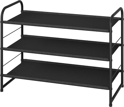Simple Trending 3 Tier Stackable Shoe Rack, Expandable Adjustable Fabric Shoe Shelf Storage Organizer, Black
