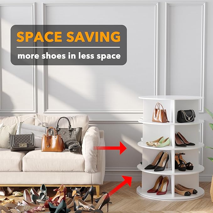 SpaceAid 4 Tier Rotating Shoe Rack Tower, Spinning Shoe Display Lazy Susan, Revolving 360 Shoe Rack Storage Round Carousel, Vertical Handbag Rotate Shoes Closet Organization (4-Tier White)
