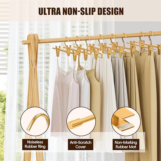 20 Pack Matte Gold Aluminum Pants Hangers with 2 Adjustable Clips & 360° Swivel Hooks, Lightweight & Sturdy, Non-Slip Rubber Pads for Trouser, Skirts, Jeans, Scarf, Camisoles, Kids & Adults