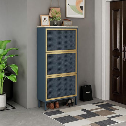 Natural Rattan Shoe Cabinet with 3 Flip Drawers, Entrance Hallway Free Standing Shoe Racks with Metal Legs for Heels, Boots, Slippers (Blue)