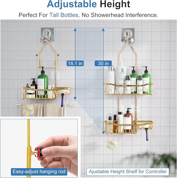 Shower Caddy, Extended Length Shower Organizer with Hooks, Rustproof Shampoo Soap Holder, Large Hanging Bathroom Caddy