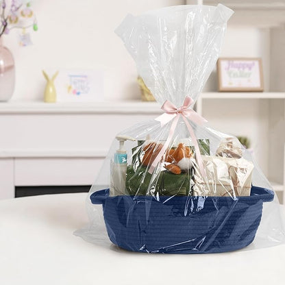 MEGASKET Dark Blue Small Woven Basket, 13” x 9” x 5” Baskets for Gifts Empty, Cotton Rope Gift Basket, Cute Nursery Baby Organizer, Cat Dog Toy Box, Oval Wicker Storage Bin with Handle
